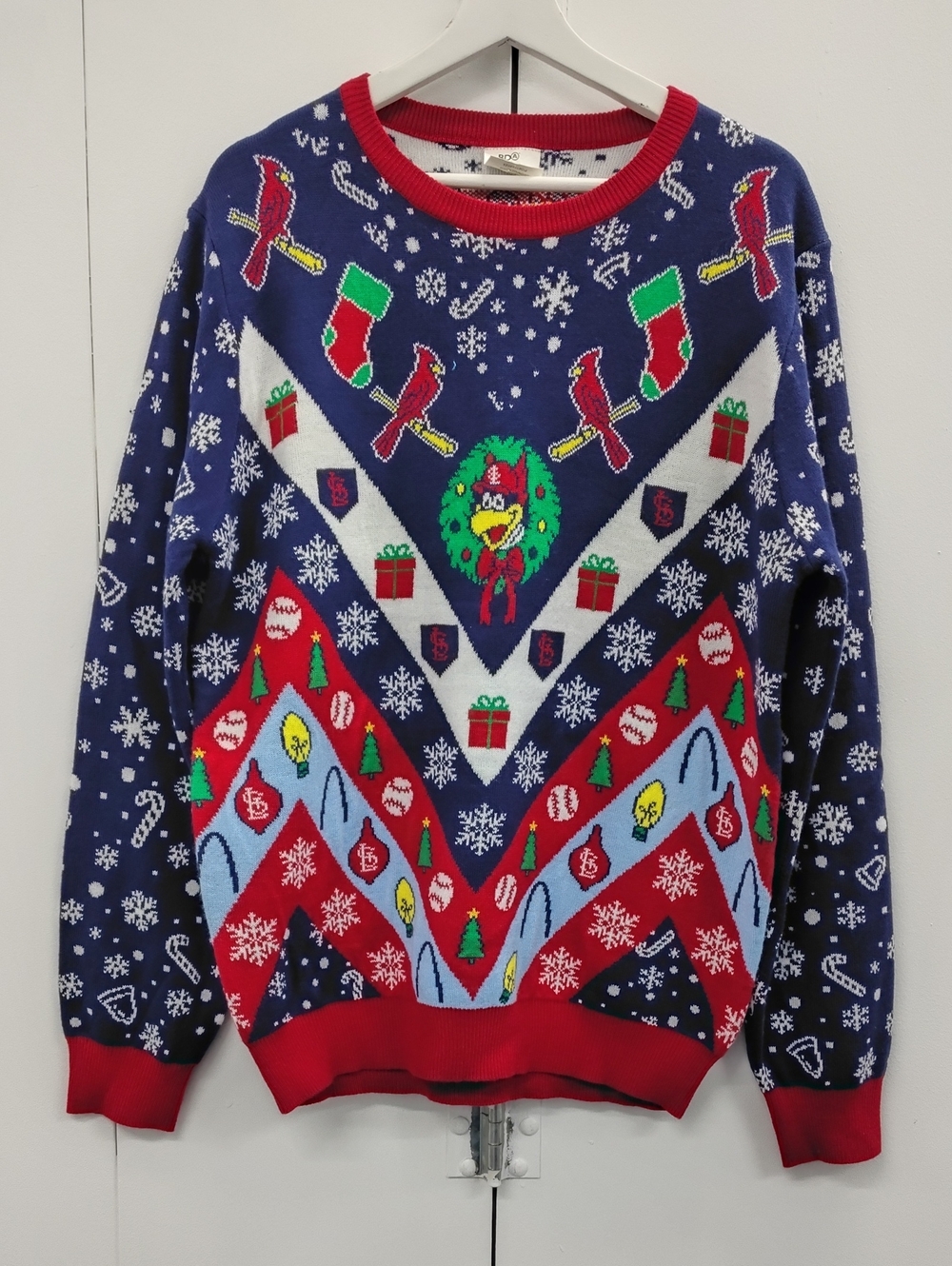 St. Louis Cardinals Festive Navy Blue Christmas Sweater & Red Trim Size L Men's